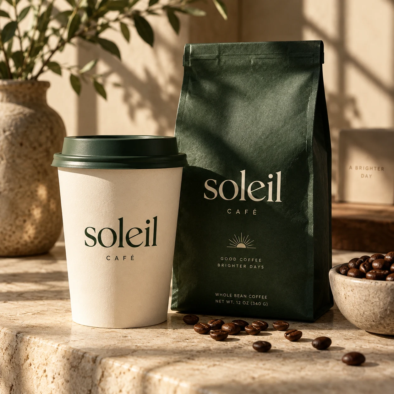 Soleil Café takeaway cup and coffee bean packaging