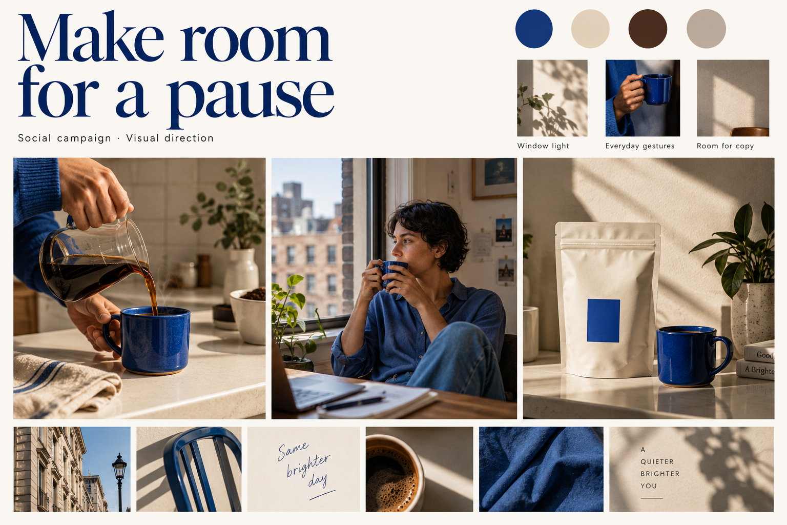 Coffee campaign moodboard with cobalt accents, daylight photography, and visual direction notes