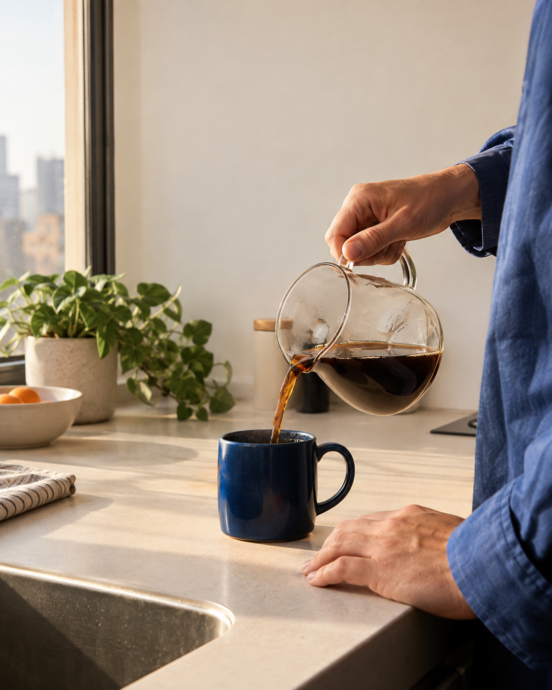 Generated reference of coffee pouring into a cobalt mug, with window light and empty wall space above the action
