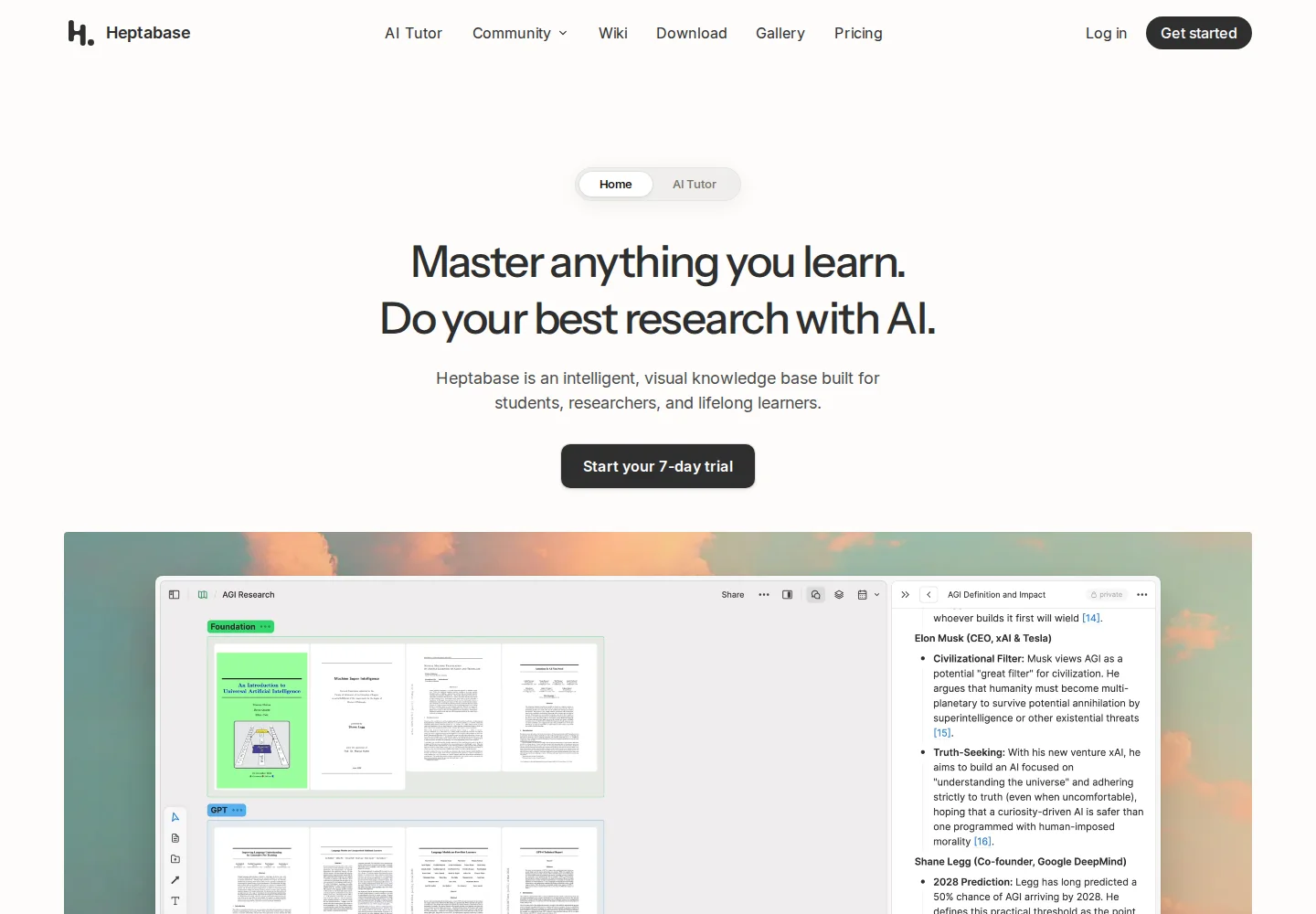 Heptabase landing page introducing visual research and AI learning tools