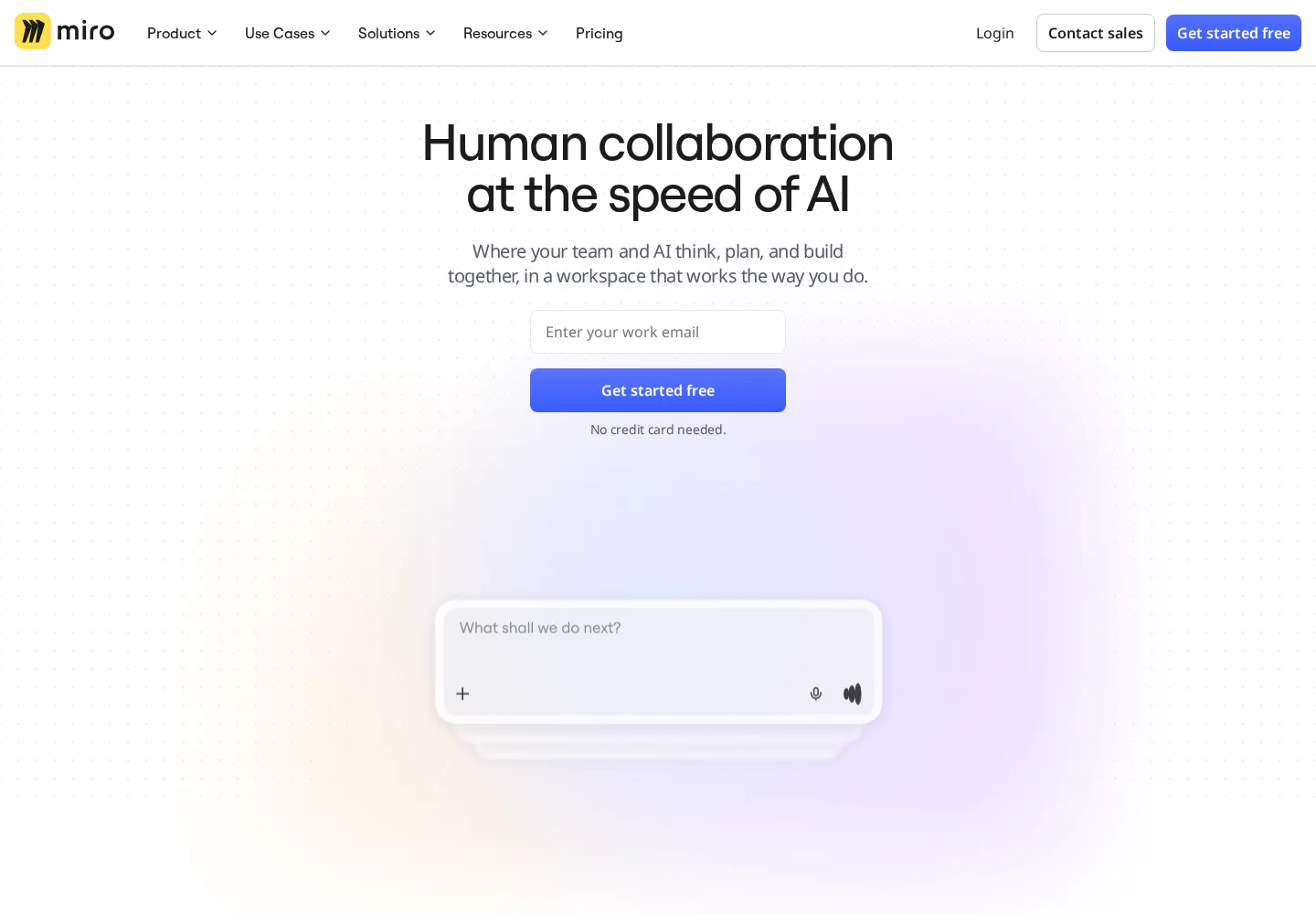 Miro landing page introducing its AI innovation workspace