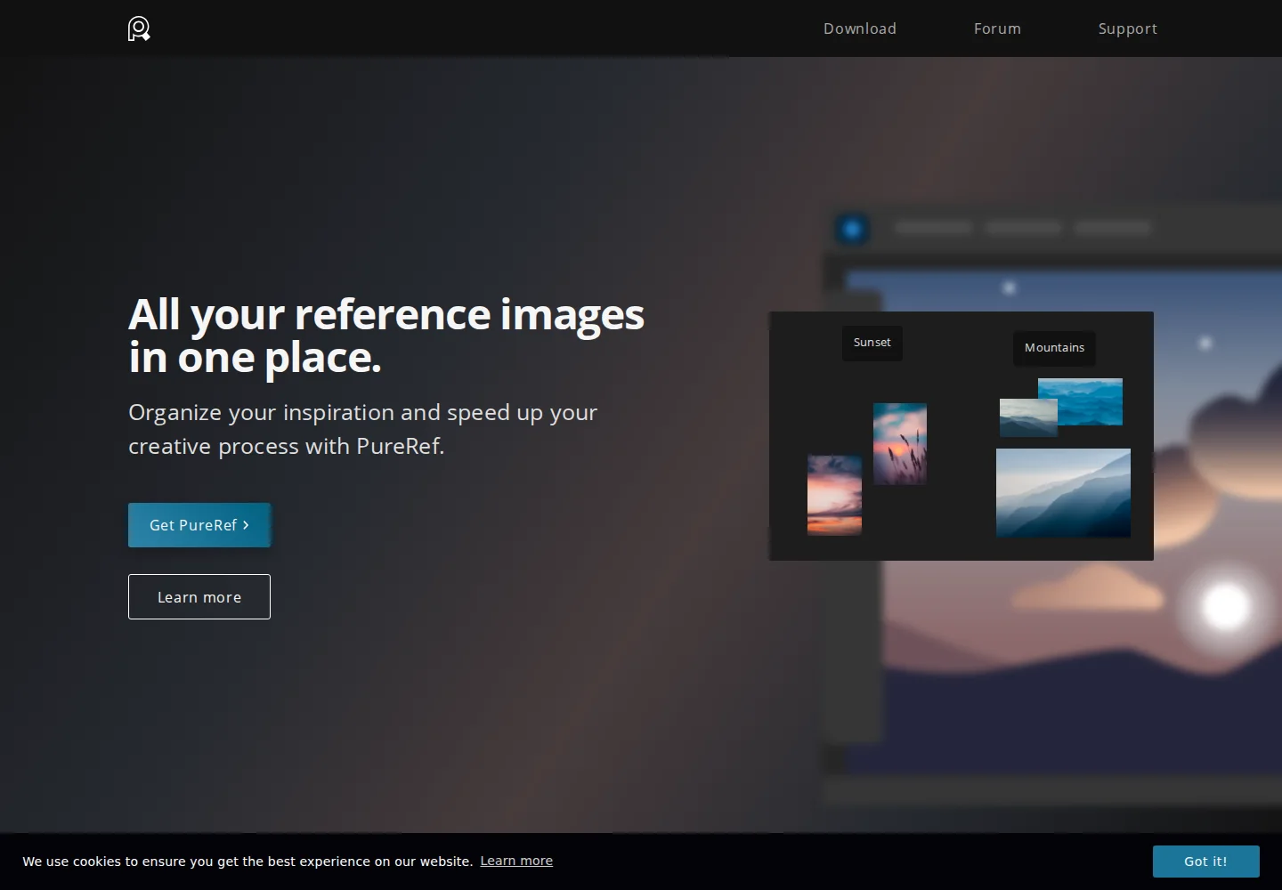 PureRef landing page showing image references arranged in its desktop viewer