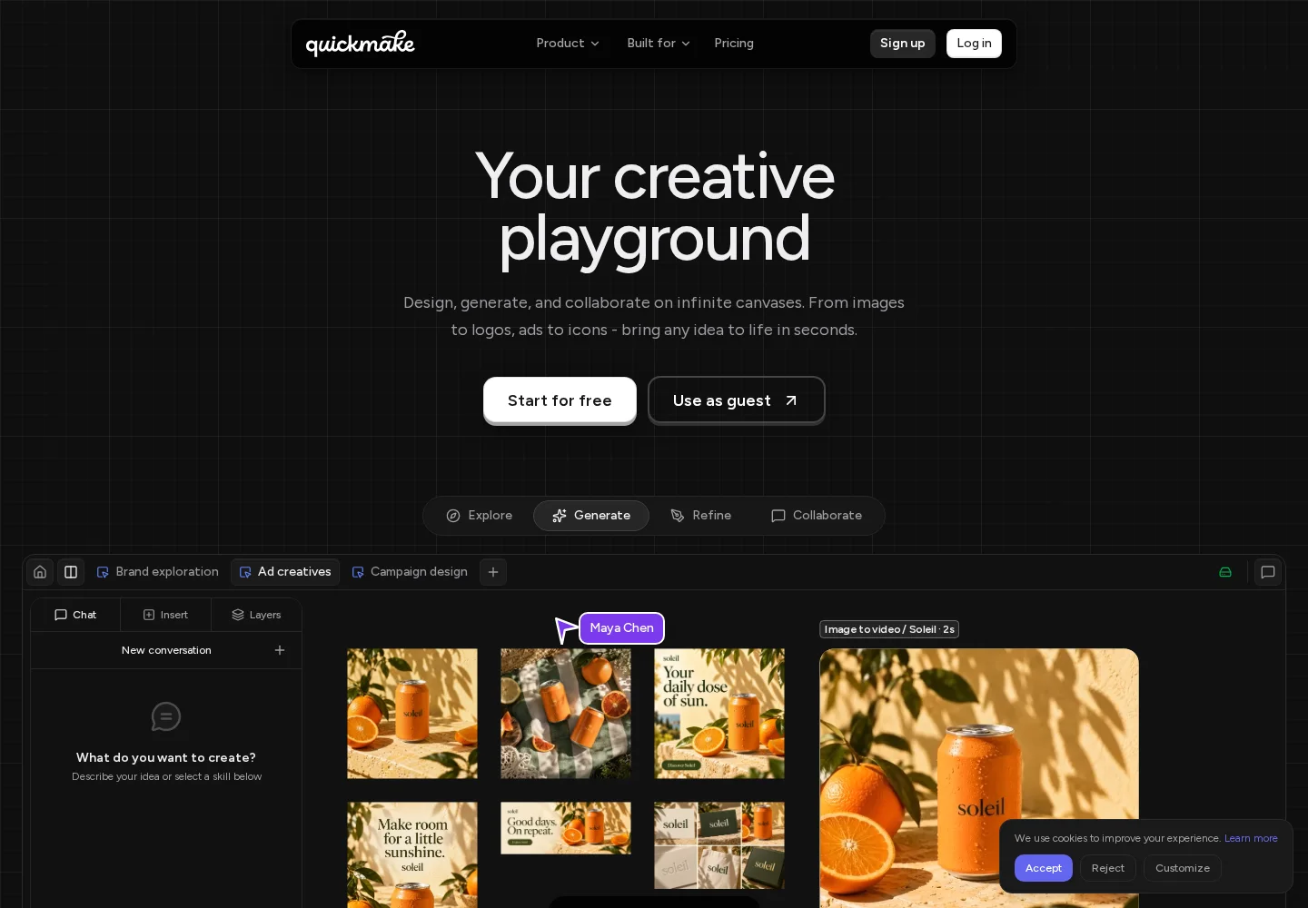 Quickmake landing page with a creative canvas and AI-assisted design examples