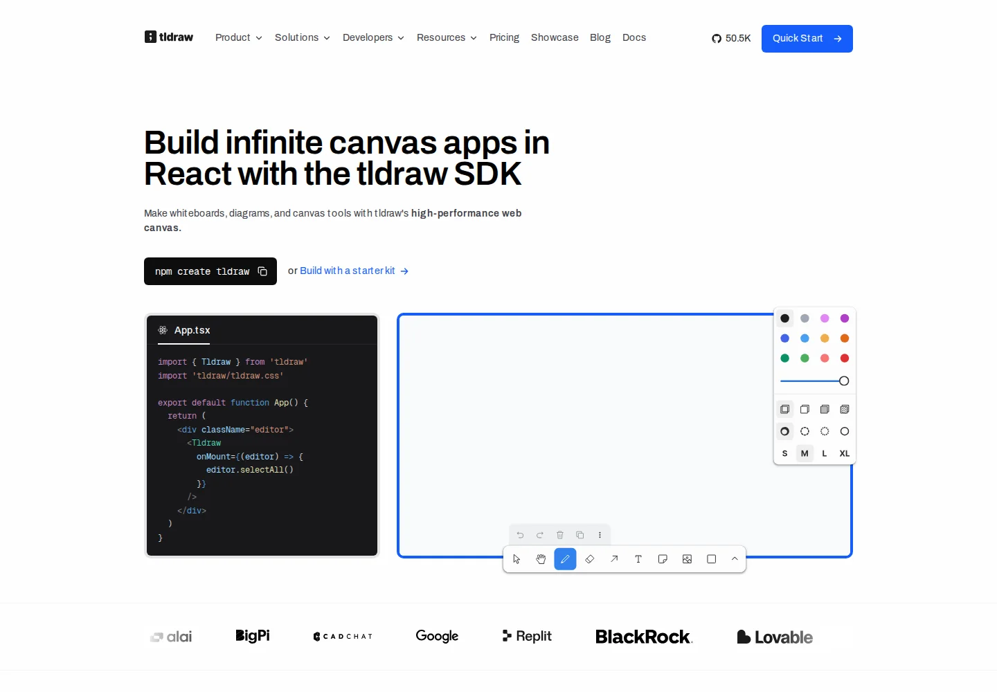 Screenshot of the tldraw SDK page