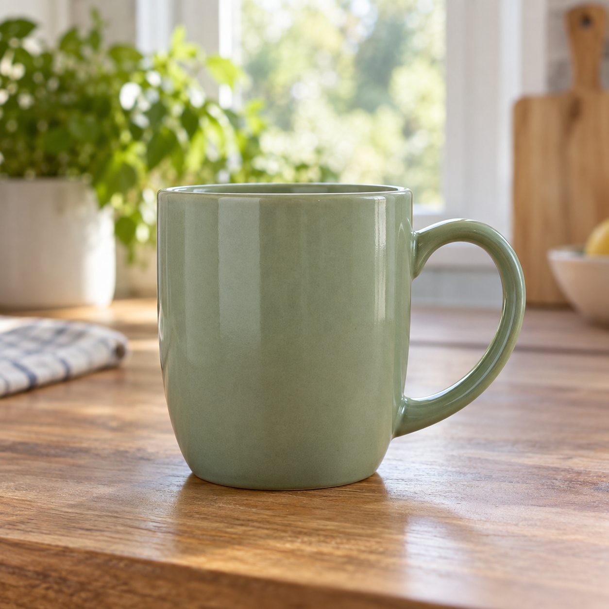 Sage ceramic mug on a kitchen counter, before background removal