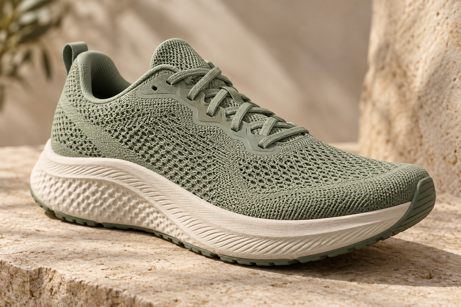 Detailed knit texture on a sage running shoe